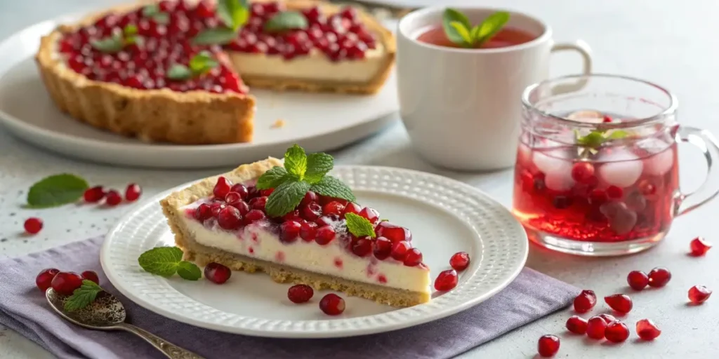 Pomegranate cream tart slice served with refreshing drink