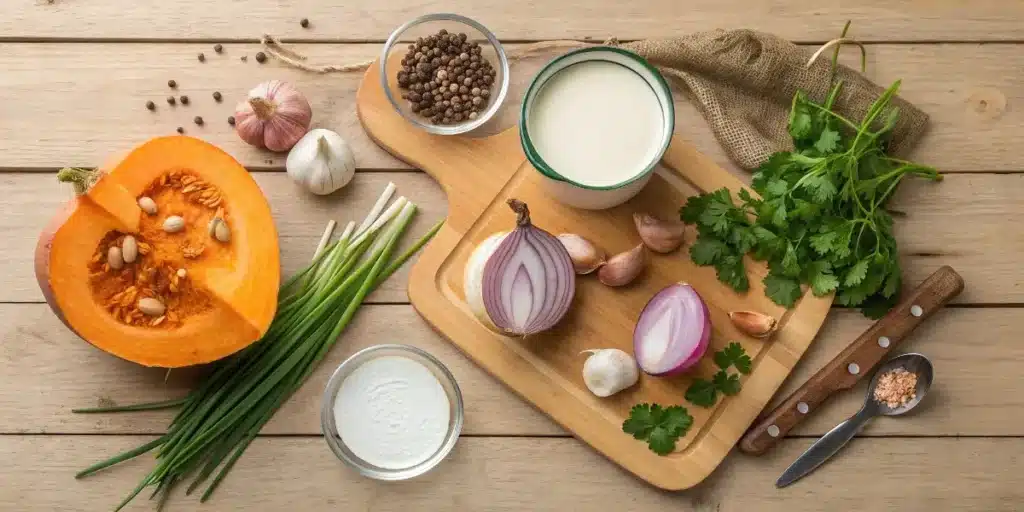 fresh ingredients for pumpkin bisque soup recipe