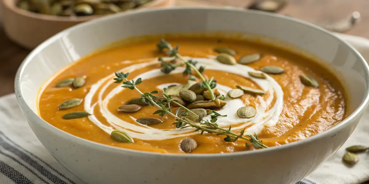 creamy pumpkin bisque soup recipe in bowl with roasted seeds
