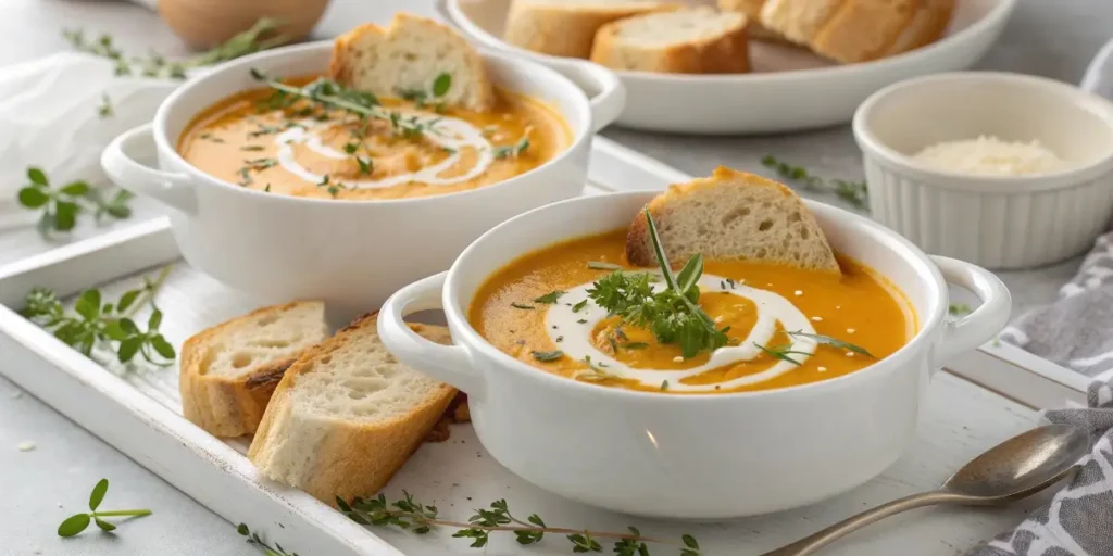 served pumpkin bisque soup with bread and herbs