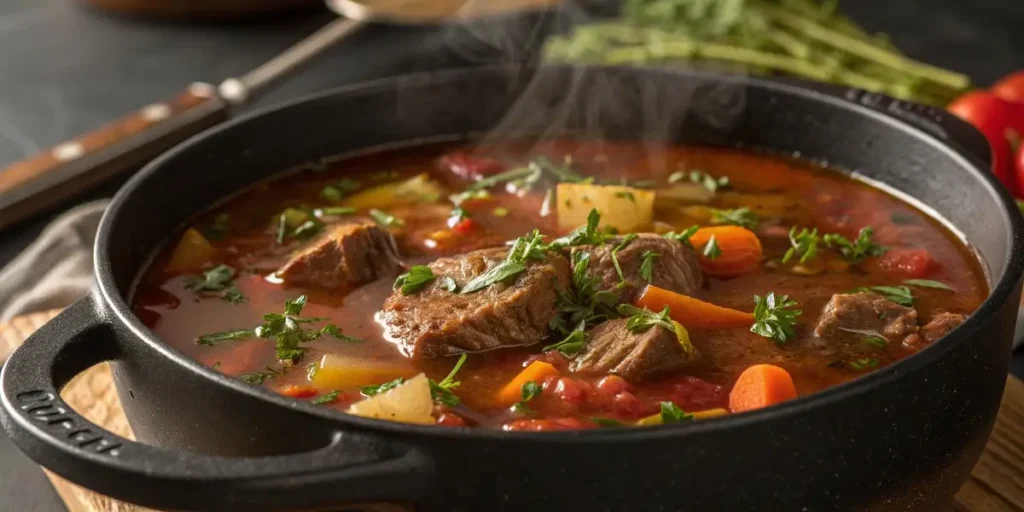 simmering vegetable beef soup recipe pot