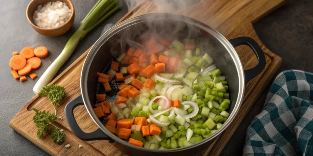 Soffritto vegetables cooking for Tuscan White Bean Soup.