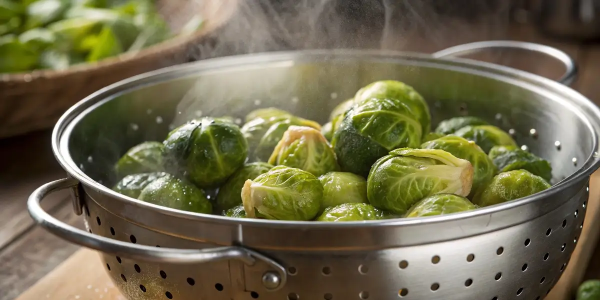 Steamed Brussel sprouts freshly cooked in steamer basket