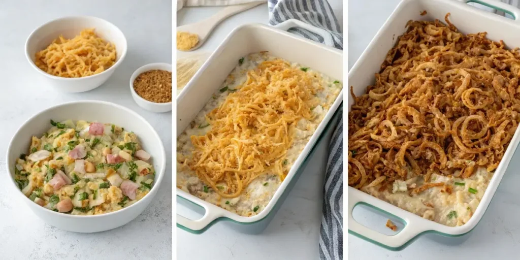Adding crispy French’s onions on top of green bean casserole