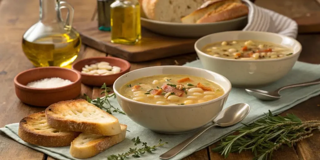 Tuscan White Bean Soup served with bread and olive oil.