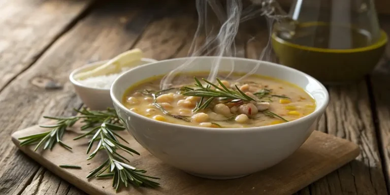 Tuscan White Bean Soup in a bowl with olive oil and rosemary.