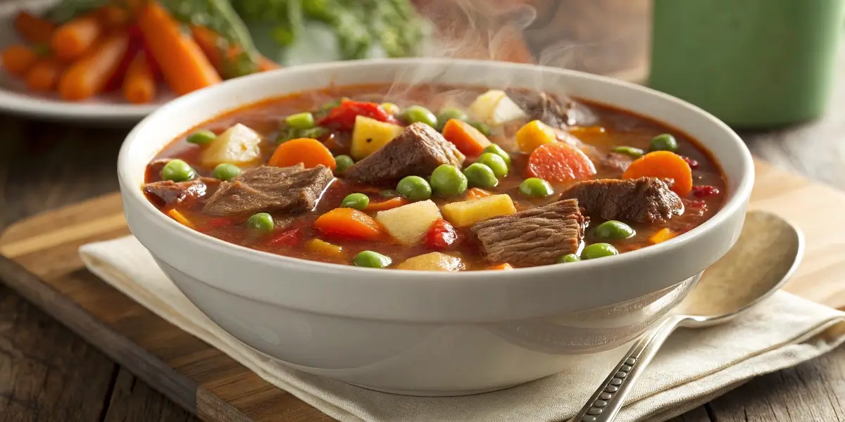 vegetable beef soup recipe in rustic kitchen
