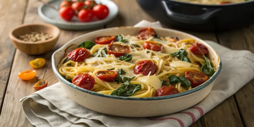 vegetarian baked brie pasta with spinach and tomato
