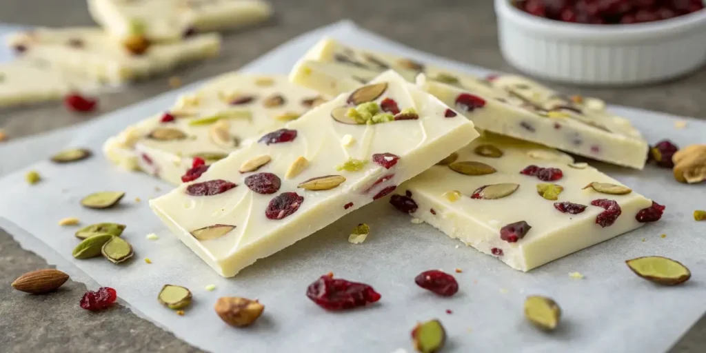 white chocolate bark with pistachios and cranberries